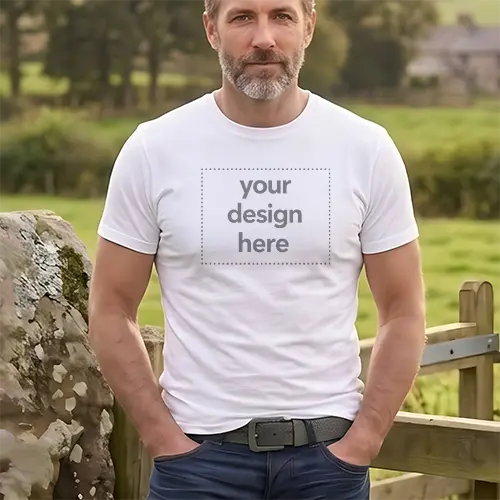 Men's White T-Shirt Mockup - Country Farm Fence