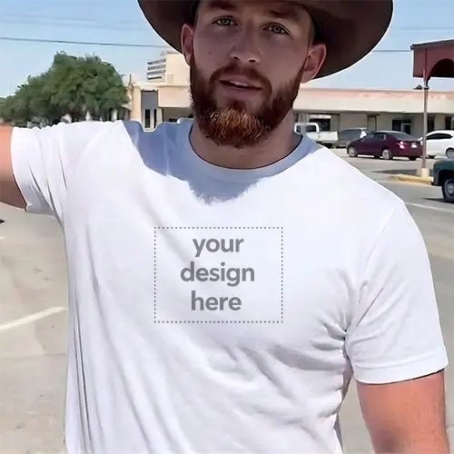 Men's White T-Shirt Mockup with Cowboy Hat - Small Town Street