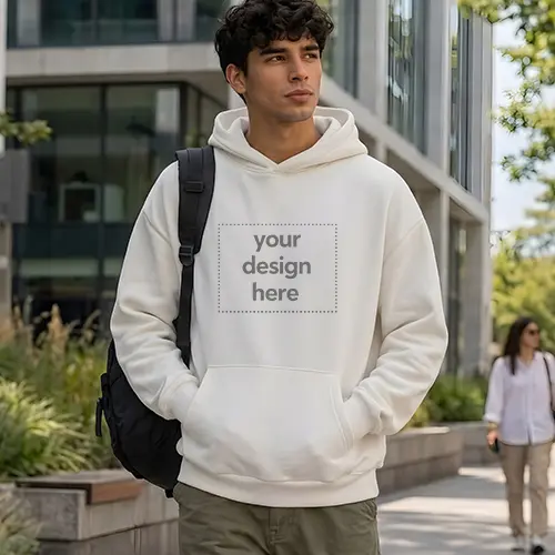 Men's Off-White Hoodie Backpack City Walk Mockup