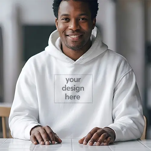 Hoodie Mockup with Smiling Man at Counter