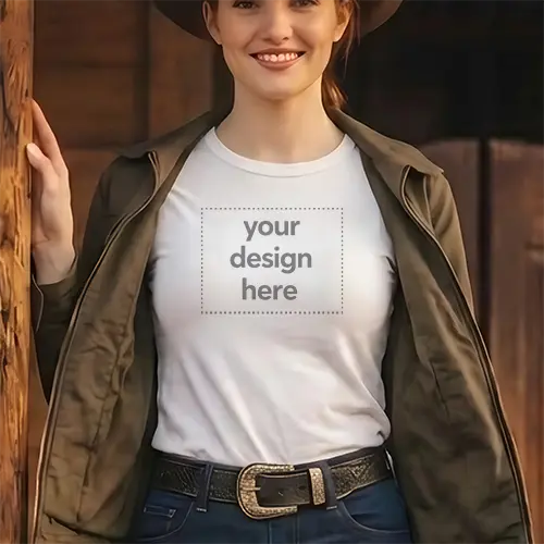 Women's White Tee with Open Jacket Mockup - Rustic Cabin