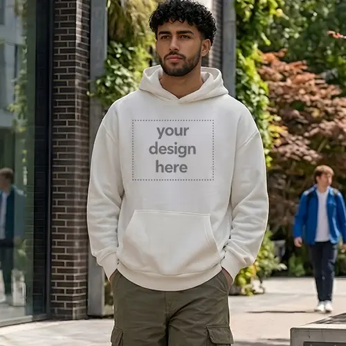 Men's Off-White Hoodie Outdoor Glass Corridor Mockup