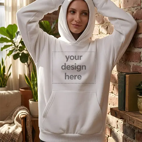 Women's White Hoodie Mockup Template - Cozy Brick Interior