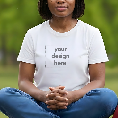 White Tee Mockup – Female Student Sitting Outdoors