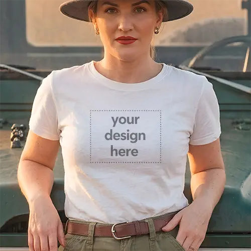 Women's White Tee Mockup - Vintage Off-Road Vehicle