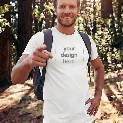 Men's White Hiking T-Shirt Mockup - Outdoor Forest Trail