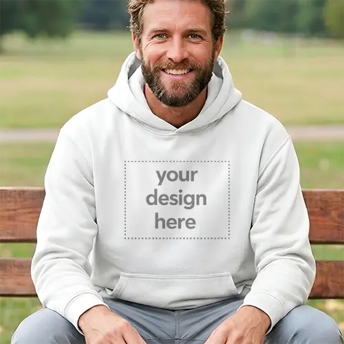 Outdoor White Hoodie Mockup of Man on Bench