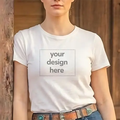 Women's White Fitted Tee Mockup - Rustic Wooden Wall