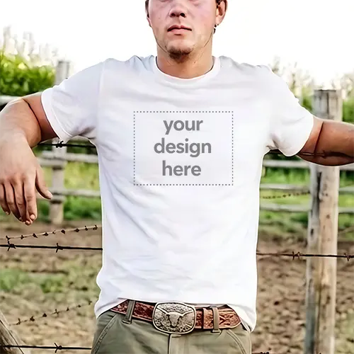 Men's Western Ranch White Tee Mockup - Barbed Wire Fence