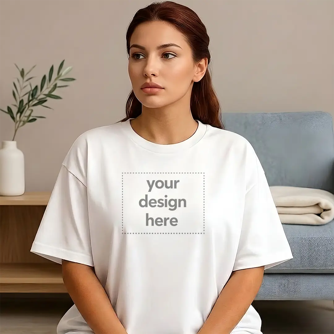 Women's Minimalist Living Room Oversized Tee Mockup