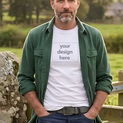 Men's White Tee with Green Flannel Mockup - Rustic Country
