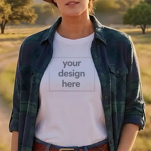 Women's White Tee with Western Flannel Mockup - Farm Trail
