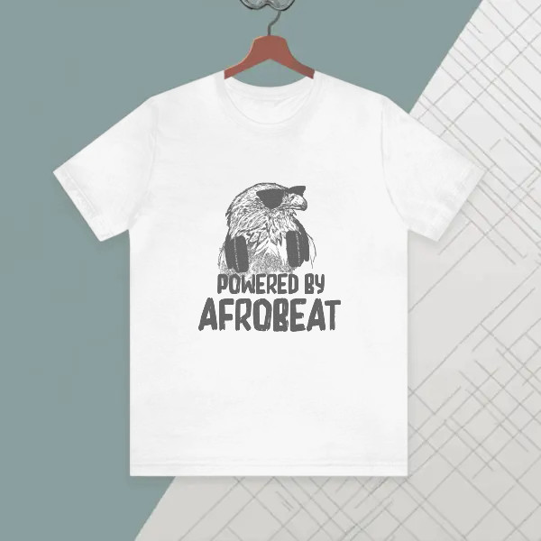 powered by afrobeat with a engle wearing headset.