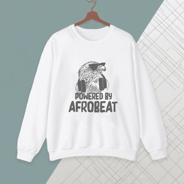 powered by afrobeat with a engle wearing headset.
