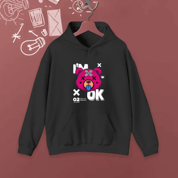 Playful Pink Bear Cartoon With Bold Text Elements