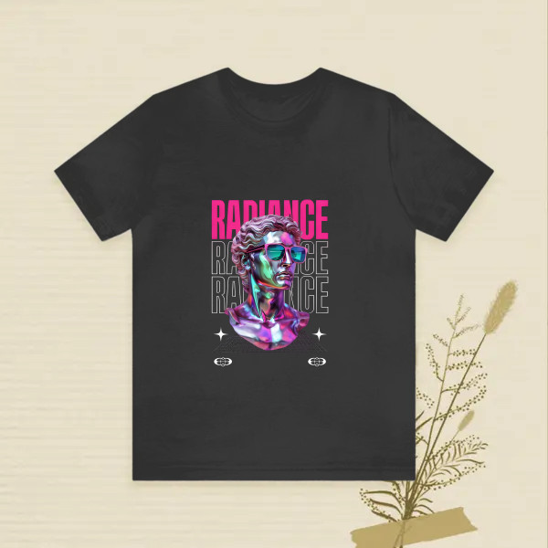 radiamce,- Futuristic Metallic Bust with Neon Colors and Bold Text