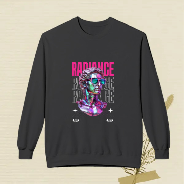 radiamce,- Futuristic Metallic Bust with Neon Colors and Bold Text