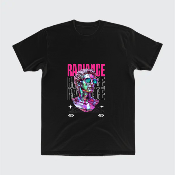 radiamce,- Futuristic Metallic Bust with Neon Colors and Bold Text