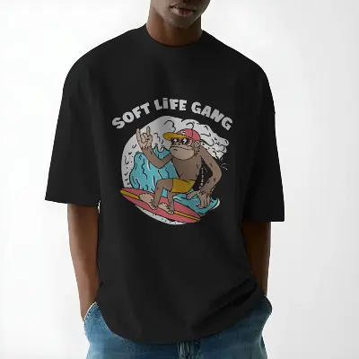 Soft Life Gang Surfing Monkey T-Shirt – Premium Oversized Black Tee | Nigeria Streetwear
