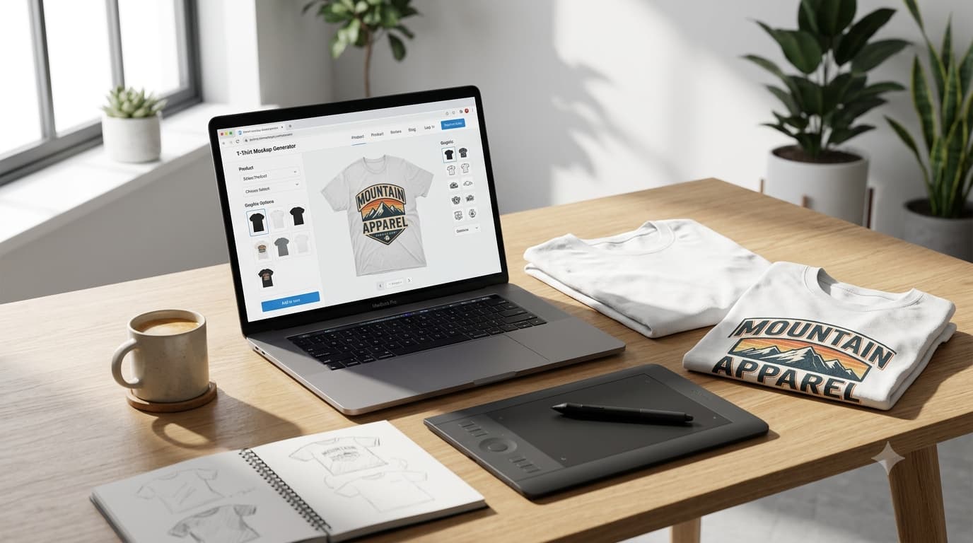 Online t-shirt mockup generator displaying a custom apparel design on a realistic product mockup for print-on-demand and ecommerce.