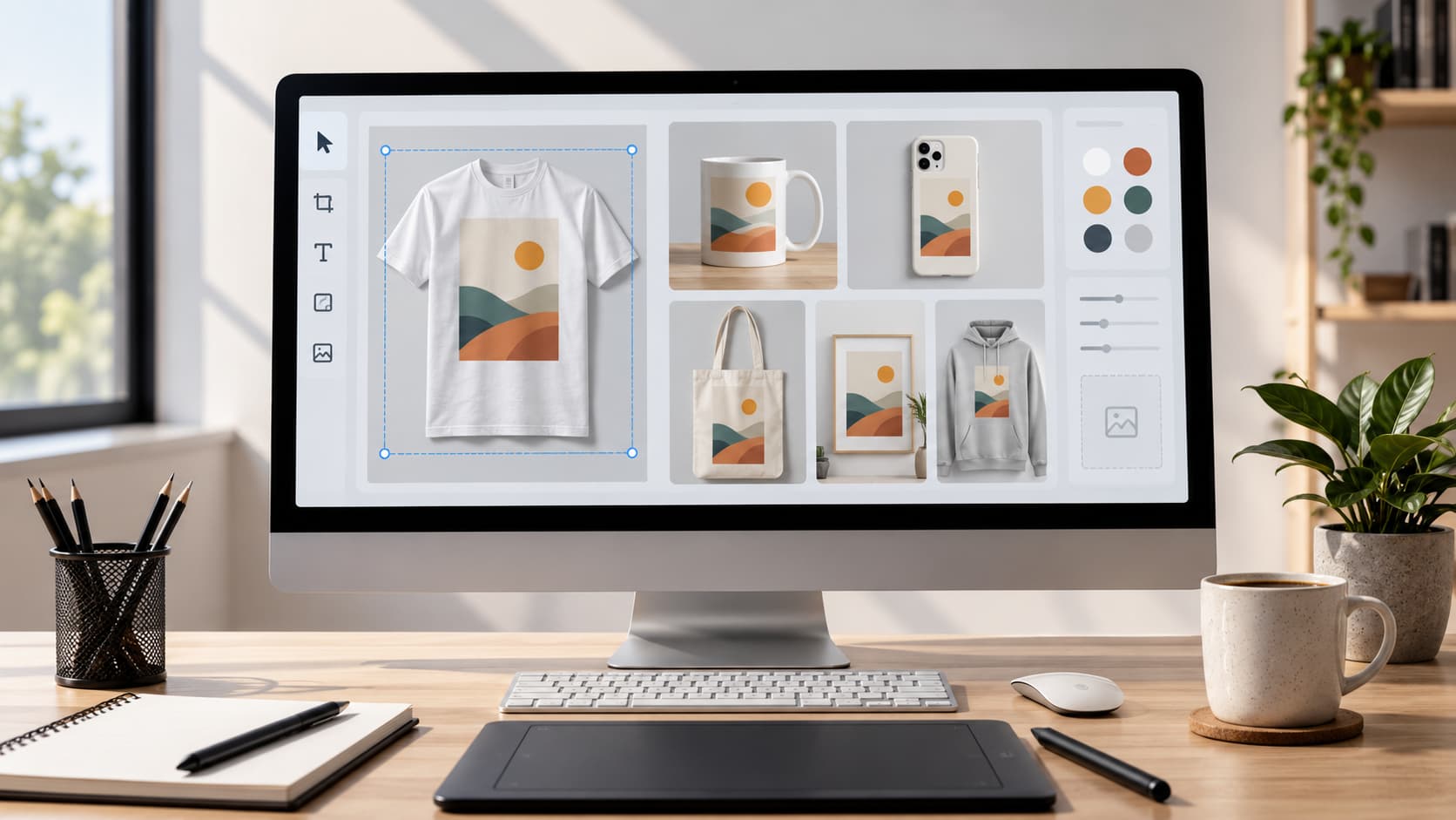 Professional workspace showing a computer creating realistic product mockups for a t-shirt, mug, phone case, tote bag, poster, and hoodie.