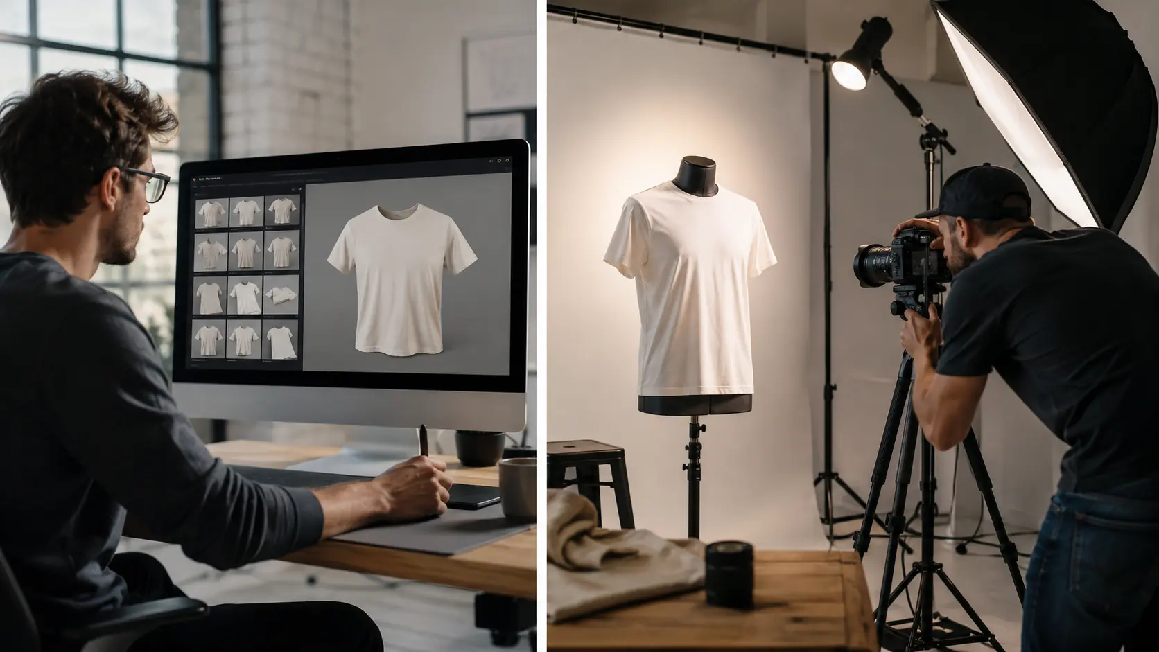 Split-screen comparison of a designer creating a product mockup on a computer and a photographer photographing a T-shirt in a professional studio.