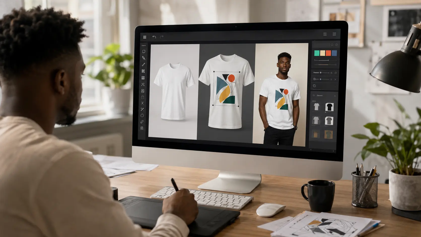 Designer creating a realistic T-shirt mockup using the Osiomax mockup editor on a desktop computer.